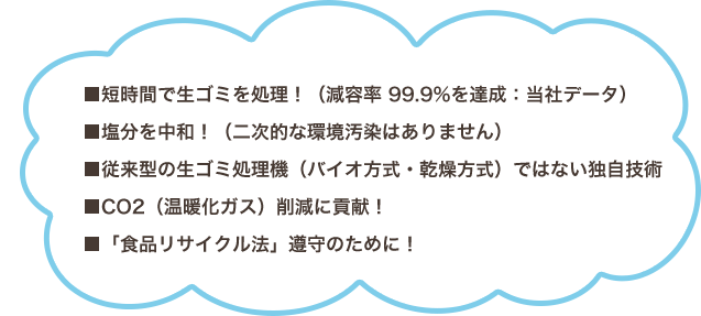 ■短時間で生ゴミを処理!(減容率 99.9%を達成:当社データ)■塩分を中和!(二次的な環境汚染はありません)■従来型の生ゴミ処理機(バイオ方式・乾燥方式)ではない独自技術■CO2(温暖化ガス)削減に貢献!■「食品リサイクル法」遵守のために!